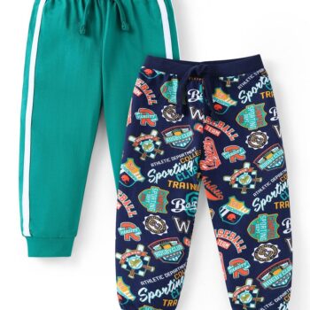 Babyhug Cotton Knit Full Length Solid & Logos Printed Lounge Pants Pack of 2 - Teal Blue & Navy Blue