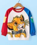 Babyhug Disney Knit Full Raglan Sleeves Sweatshirt with Lion King Graphics & Pocket Detailing - White Red & Blue