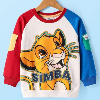 Babyhug Disney Knit Full Raglan Sleeves Sweatshirt with Lion King Graphics & Pocket Detailing - White Red & Blue