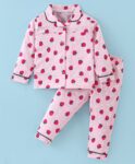 Doreme Single Jersey Knit Full Sleeves Front Open Night Suit With Strawberries & Floral Print - Baby Pink