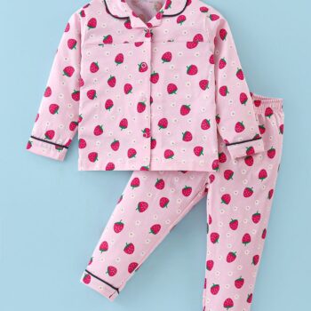 Doreme Single Jersey Knit Full Sleeves Front Open Night Suit With Strawberries & Floral Print - Baby Pink
