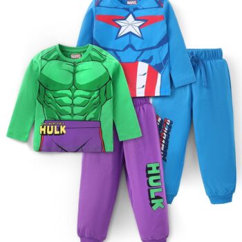 Babyhug Marvel Single Jersey Knit   Full Sleeves Night Suit with Avengers Graphics Pack of 2- Blue Green & Purple