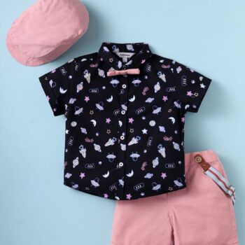 ToffyHouse Cotton Woven Half Sleeves Space Theme Printed Shirt & Shorts With Bow Suspender & Hat - Peach & Navy Blue