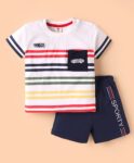 ToffyHouse Cotton Knit Half Sleeves T-Shirt & Shorts Set with Stripes & Sporty Text Print - White & Navy Blue