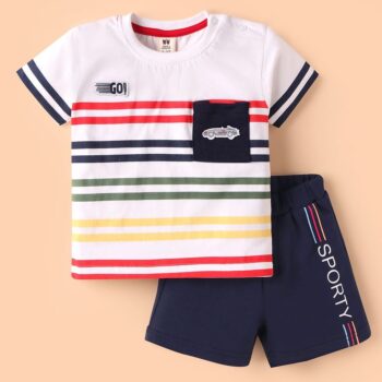 ToffyHouse Cotton Knit Half Sleeves T-Shirt & Shorts Set with Stripes & Sporty Text Print - White & Navy Blue