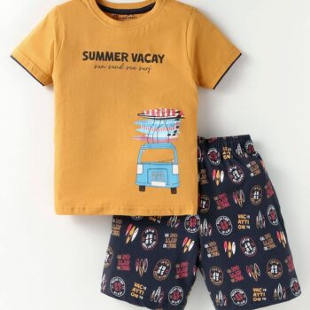 CUCUMBER Sinker Knit Half Sleeves Shorts Night Suit with Beach Theme Print - Yellow