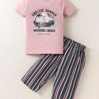 CUCUMBER Sinker Knit Half Sleeves Capri Night Suit With Stripes & Beach Theme Print - Pink