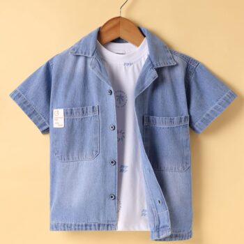 Little Kangaroos Denim Woven Half Sleeves Shirt with T-Shirt - Light Blue