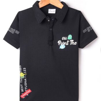 Olio Kids Cotton Knit Half Sleeves Polo T-Shirt with Text Print - Black