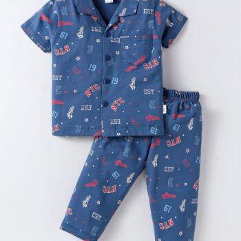 Teddy Sinker Knit Half Sleeves Night Suit with Text Print - Navy Blue
