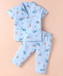 Teddy Sinker Knit Half Sleeves Night Suit with Bear Print - Light Blue