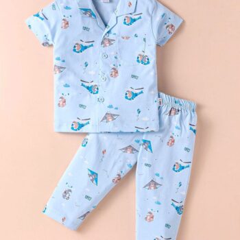 Teddy Sinker Knit Half Sleeves Night Suit with Bear Print - Light Blue