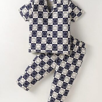 Ollypop Sinker Knit Half Sleeves Night Suit with Checkered Smiley Print - Navy Blue & Cream